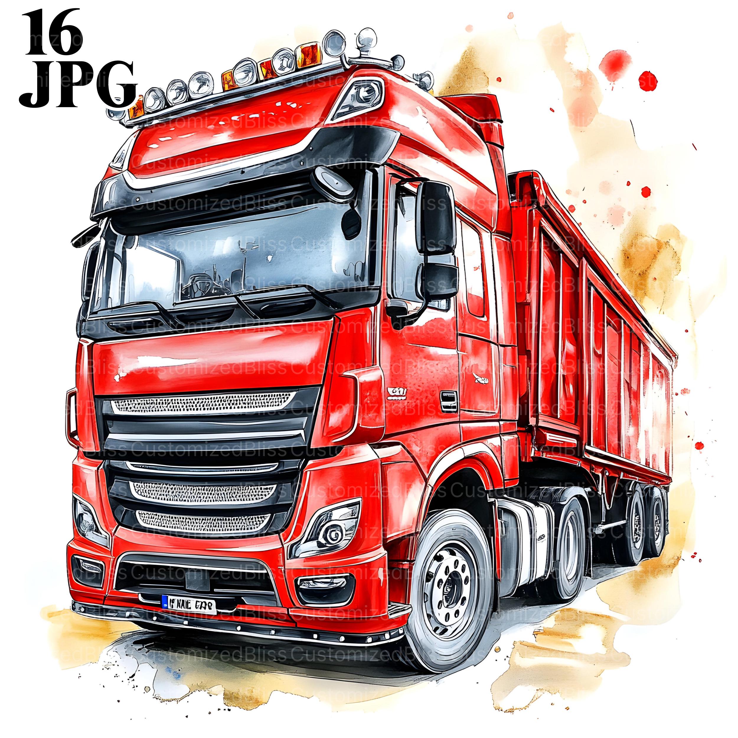European Trucks Clipart Bundle, Trailer Truck, Semi Truck, 16 High Quality JPGs, Watercolor Clipart, Junk Journal, Digital Download, Craft