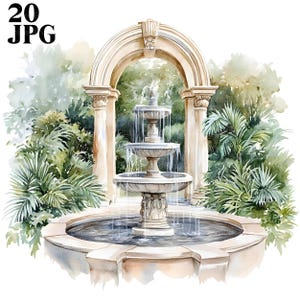 20 Cloister Fountain Clipart, Botanical Clipart, High Quality JPG, Watercolor Clipart, Junk Journal, Digital Download, Paper Craft, Clip Art