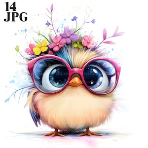Skurrile Blumen Vögel Clipart, lustige Vögel, Cartoon Vögel, 14 hochwertige JPGs, Aquarell Clipart, kommerzielle Nutzung, Printable Junk Journal