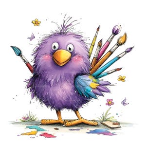 Op de afbeelding: Een illustratie van een pluizige paarse vogel met een gele snavel en oranje poten, met verschillende penselen achter de vleugel gestoken. De vogel is omringd door kleine kleurrijke bloemen en verfspatten op de grond, tegen een witte achtergrond.