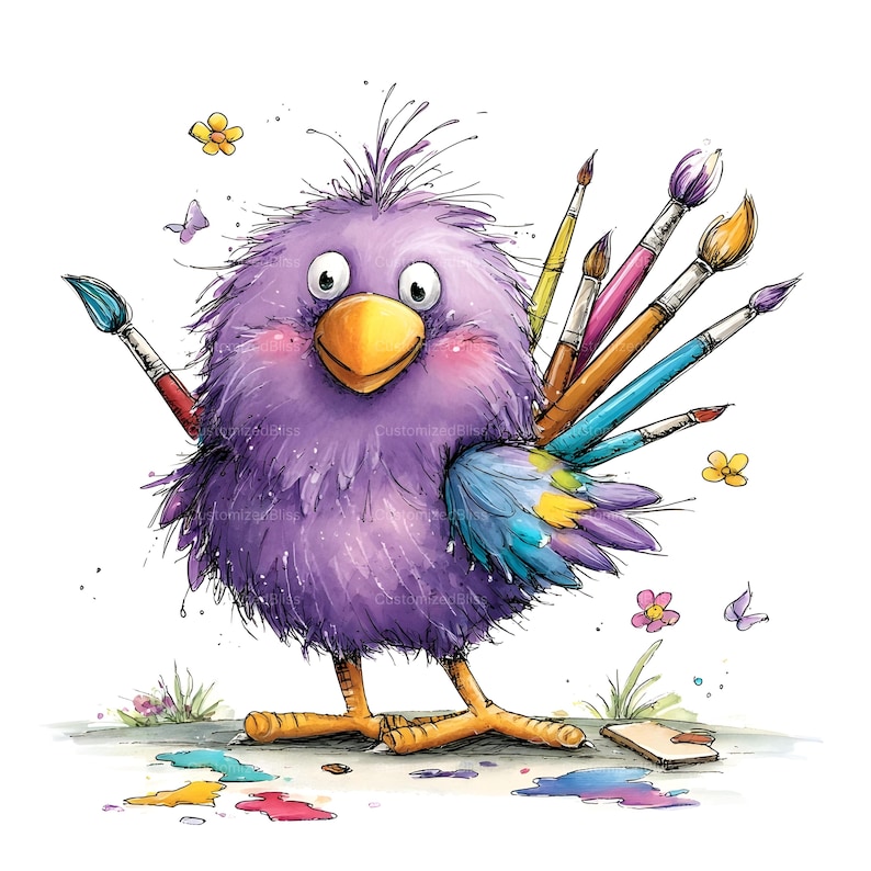 Op de afbeelding: Een illustratie van een pluizige paarse vogel met een gele snavel en oranje poten, met verschillende penselen achter de vleugel gestoken. De vogel is omringd door kleine kleurrijke bloemen en verfspatten op de grond, tegen een witte achtergrond.