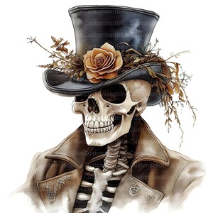 May include: An artistic illustration of a skeleton wearing a black top hat decorated with a rose and foliage. The skeleton is dressed in a brown coat, creating a gothic aesthetic. The image is rendered in a watercolor style.