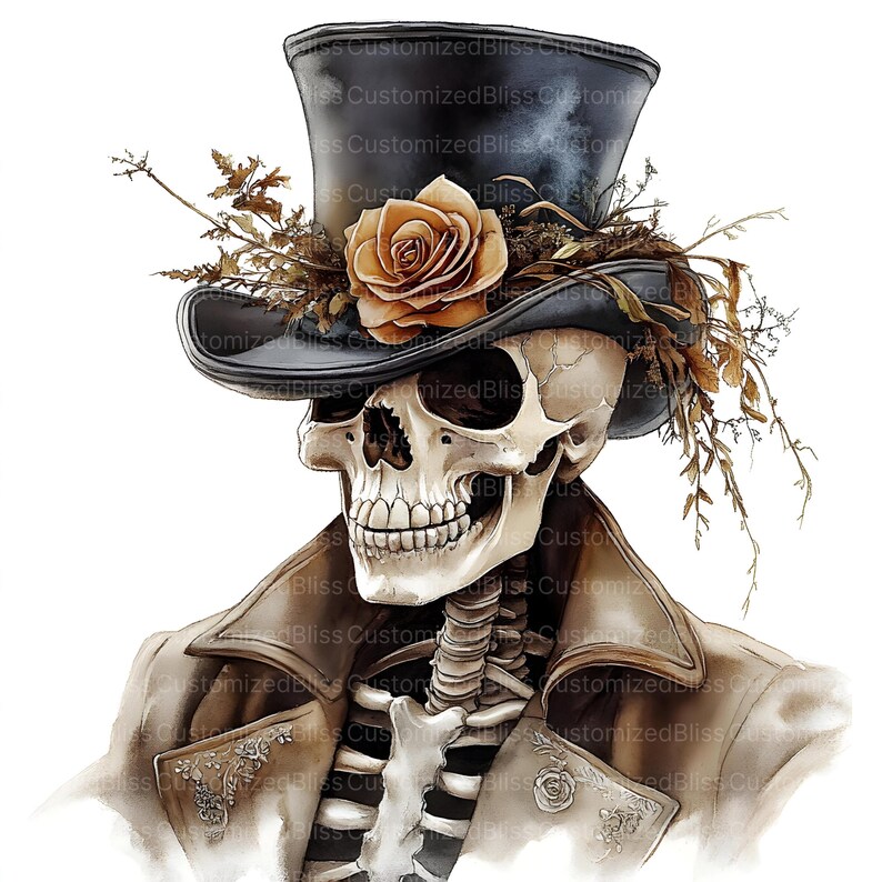 May include: An artistic illustration of a skeleton wearing a black top hat decorated with a rose and foliage. The skeleton is dressed in a brown coat, creating a gothic aesthetic. The image is rendered in a watercolor style.