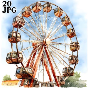 20 Ferris Wheel Clipart, Carnival Clipart, High Quality JPGs, Watercolor Clipart, Junk Journal, Digital Download, Paper Craft, Printable