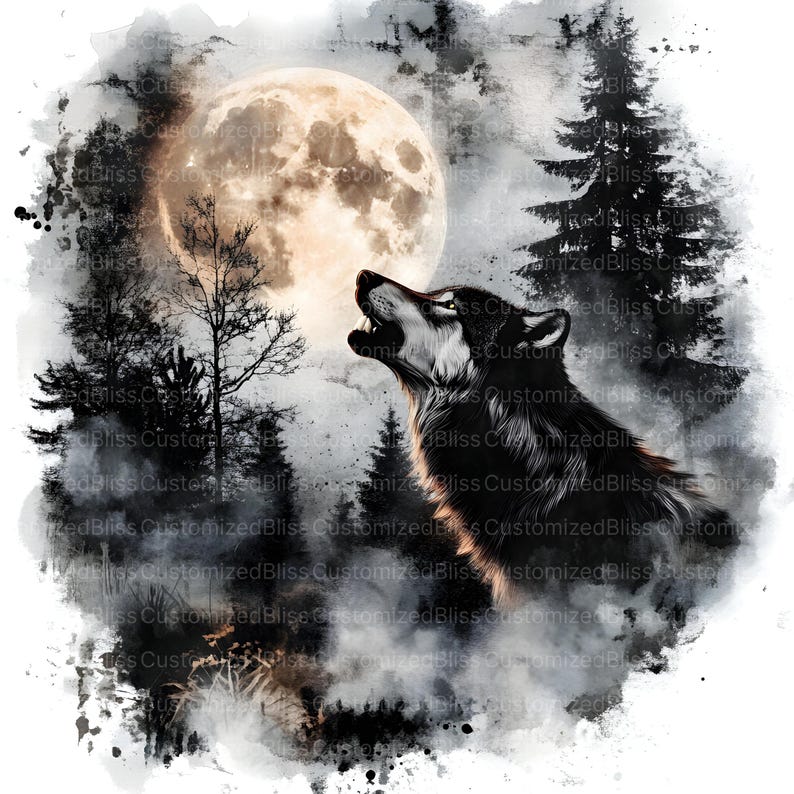 May include: A black wolf howls at the full moon in a dark forest. The moon is bright and yellow, and the wolf is silhouetted against it. The forest is dark and mysterious, with tall trees and a misty atmosphere.