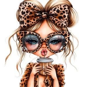 May include: A cartoon illustration of a woman with blonde hair wearing leopard print glasses, a leopard print bow, and a leopard print shirt. She is holding a brown paper cup with a straw and drinking from it.