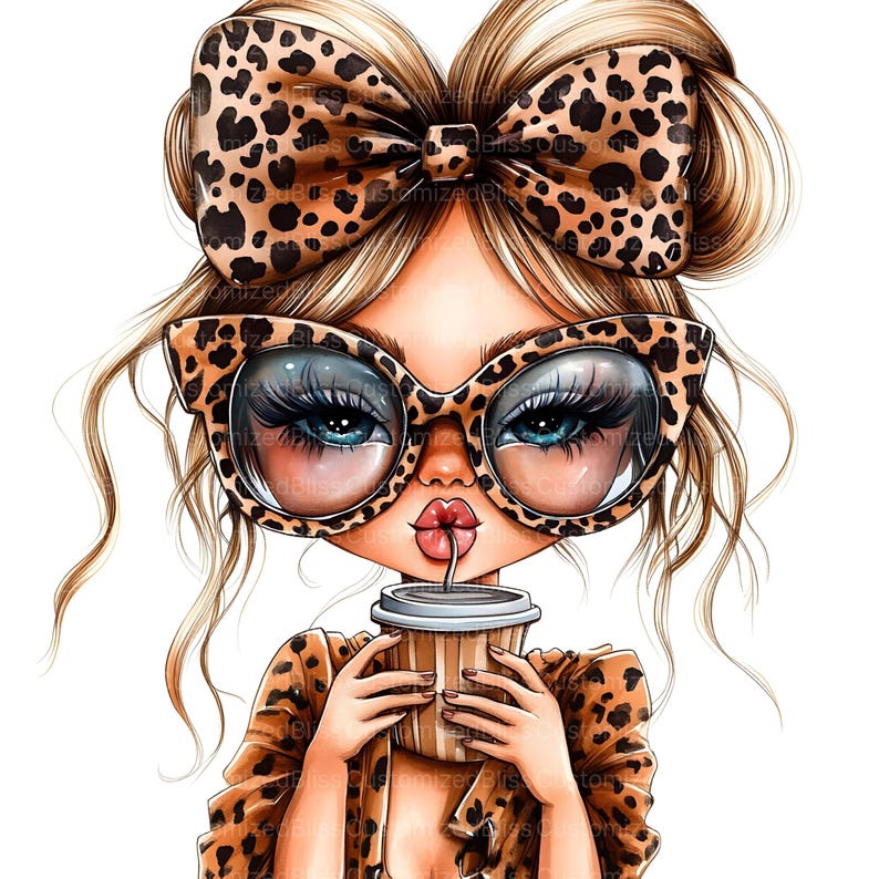 May include: A cartoon illustration of a woman with blonde hair wearing leopard print glasses, a leopard print bow, and a leopard print shirt. She is holding a brown paper cup with a straw and drinking from it.