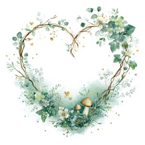 Puede incluir: Una corona en forma de corazón compuesta por ramas marrones, follaje verde, flores blancas y dos pequeños hongos en la base. El diseño presenta lavados verdes estilo acuarela y detalles de purpurina dorada sobre un fondo blanco.