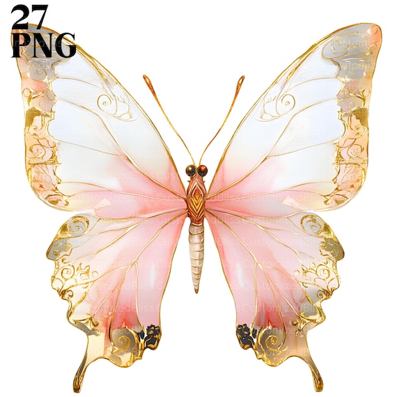 水彩ピンクの蝶のクリップアート、蝶ピンクゴールド、かわいい蝶