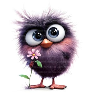 May include: A purple and pink fluffy cartoon bird with large blue eyes holds a pink flower with green leaves.