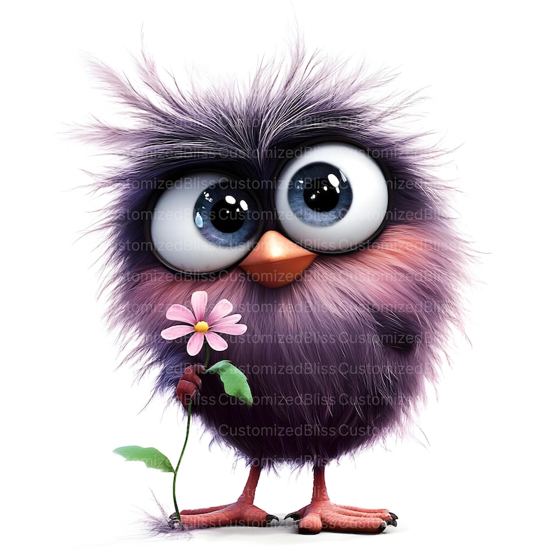 May include: A purple and pink fluffy cartoon bird with large blue eyes holds a pink flower with green leaves.