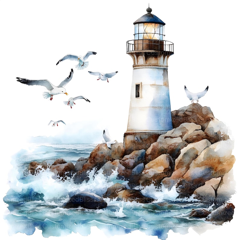 May include: A watercolor painting of a white lighthouse with a brown roof and a light on top. The lighthouse is on a rocky shore with crashing waves. There are seagulls flying around the lighthouse.