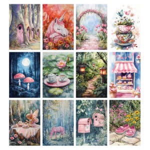 May include: A collection of 10 watercolor paintings featuring whimsical scenes with fairies, unicorns, mushrooms, teacups, and flowers. The paintings are framed in a white border and arranged in a grid.