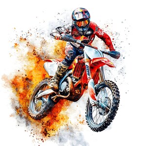 Peut inclure: Illustration de style aquarelle d'un pilote de motocross sur une moto tout-terrain rouge et blanche. Le pilote porte une combinaison et un casque de course rouges et blancs. L'image pr&eacute;sente des &eacute;claboussures de peinture orange et grise.