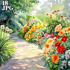 18 zomertuin clipart, lentetuin, zomerbloemen clipart, hoge kwaliteit JPG, aquarel clipart, junk Journal, digitale download, ambacht