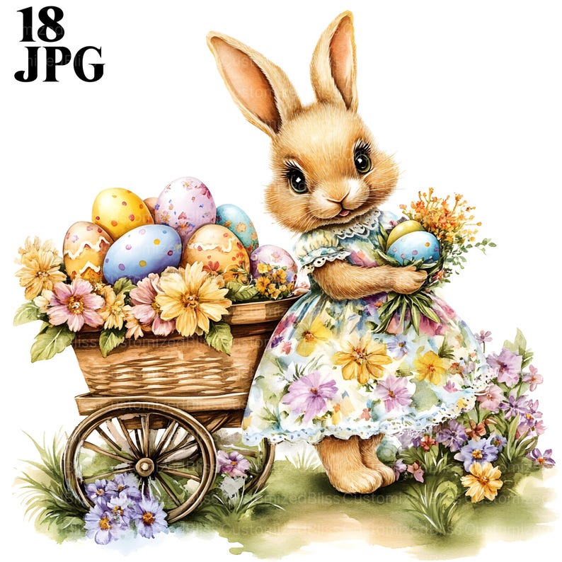 Op de afbeelding: Een aquarel-illustratie van een konijn dat een mandje met kleurrijke paaseieren vasthoudt. Het konijn draagt een bloemenjurk en staat in een veld met bloemen.