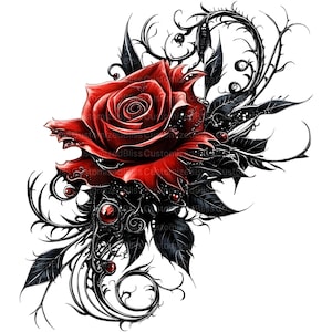May include: A single red rose with black thorns and leaves. The rose is surrounded by intricate black swirls and vines. The background is white.