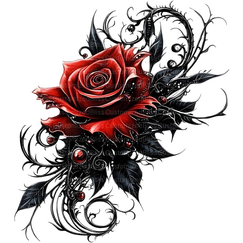 May include: A single red rose with black thorns and leaves. The rose is surrounded by intricate black swirls and vines. The background is white.