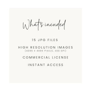 May include: A white text graphic on a light green background. The text reads "What's included" in a handwritten font. Below the text, it lists "15 JPG FILES", "HIGH RESOLUTION IMAGES (4096 X 4096 PIXELS, 300 DPI)", "COMMERCIAL LICENSE", and "INSTANT ACCESS".