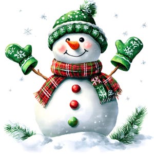 May include: A cheerful snowman wearing a green hat with white snowflakes, a red and green plaid scarf, and green mittens. The snowman has a carrot nose, red cheeks, and three black buttons. The snowman is standing in the snow with green pine branches.