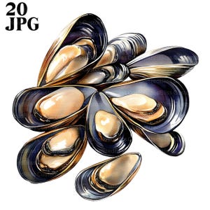 20 Mussels Clipart, Mussel Shells Images, High Quality JPGs, Watercolor Clipart, Junk Journal, Digital Download, Paper Craft, Printable