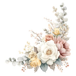May include: A floral arrangement featuring a large white central flower, soft pink and yellow roses, and muted green eucalyptus leaves. The composition includes delicate sprigs of small buds and foliage, creating a balanced corner design.