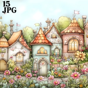 15 bundle di clipart di case a schiera stravaganti, JPG di alta qualità, clipart di acquerelli, diario spazzatura, scrapbooking, artigianato di carta, download digitale