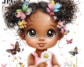 20 imágenes prediseñadas de chica negra peculiar, niña africana con flores en acuarela, imágenes prediseñadas de acuarela, diario basura, descarga digital, manualidades de papel, JPG