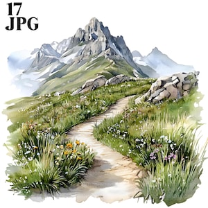 Könnte beinhalten: Ein Aquarellbild eines gewundenen Weges, der durch eine grasbewachsene Wiese zu einem Gebirgszug führt. Der Weg ist mit Wildblumen gesäumt und die Berge sind schneebedeckt.