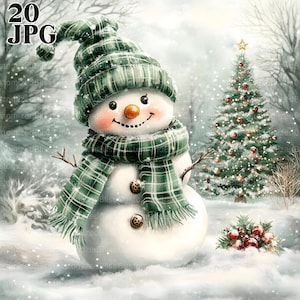 Paquete de imágenes prediseñadas de muñeco de nieve en verde y árbol de Navidad, 20 archivos JPG de acuarela de alta resolución para diario basura, álbumes de recortes, creación de tarjetas y campo de invierno