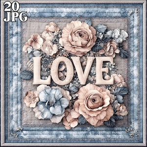 May include: A blue and white framed floral arrangement with the word "LOVE" in the centre. The flowers are in shades of pink and white and are arranged in a circular pattern. The frame is decorated with a blue and white checked pattern.