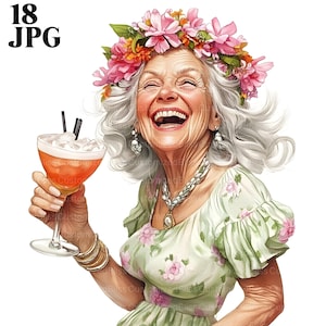 18 Funny Senior Lady Drinking Clipart, Happy Grandma Clipart, Quirky Grannies, Watercolor Clipart, Junk Journal, Digital, Paper Craft, JPG
