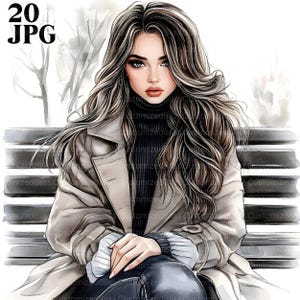 以下が含まれることがあります： 長いウェーブのかかった茶色とブロンドの髪の女性のデジタルイラスト。黒のタートルネックと薄いベージュのコートを着て、ベンチに座っています。画像は水彩画風で、ソフトなシェーディングと左上に「20 JPG」の文字があります。
