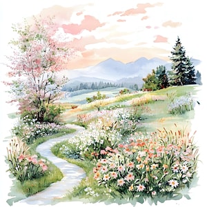 Op de afbeelding: Een aquarel schilderij van een kronkelend pad door een veld met wilde bloemen, dat leidt naar een bergketen in de verte. De lucht is zacht roze en oranje, en de bomen zijn groen.