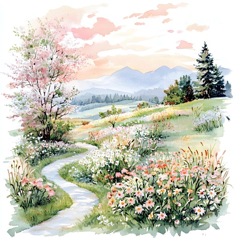 Op de afbeelding: Een aquarel schilderij van een kronkelend pad door een veld met wilde bloemen, dat leidt naar een bergketen in de verte. De lucht is zacht roze en oranje, en de bomen zijn groen.