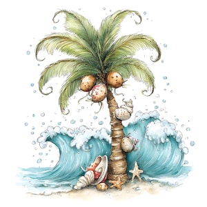 May include: Watercolour illustration of a tropical scene featuring a palm tree with coconuts, seashells, and starfish on a sandy beach. Blue waves crash in the background, creating a serene coastal vibe.
