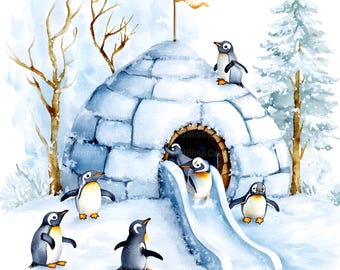 20 Watercolor Igloo Clipart, Cute Penguin Clipart, Winter Clipart - Main Image