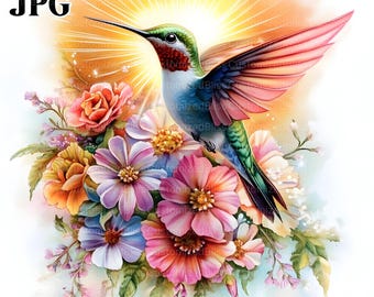 18 Hummingbird Clipart, Floral Hummingbird, Bird Clipart, High Quality JPGs, Watercolor Clipart, Junk Journal, Digital Download, Paper Craft