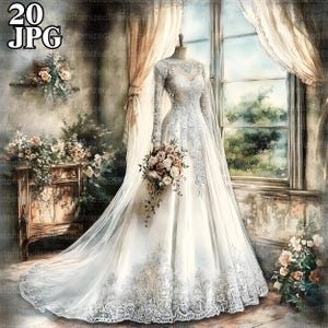Pacote de Clip Art de Vestido de Noiva Vitoriano, Vestido Vitoriano, Casamento Vitoriano, 20 JPGs de aquarela de alta resolução para Junk Journal, Download Digital