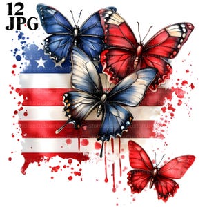 12 Patriotic Butterflies Clipart, Patriotic Clipart, 4th of July Clipart, Butterfly Clipart, High Quality JPG, Junk Journal Digital Download