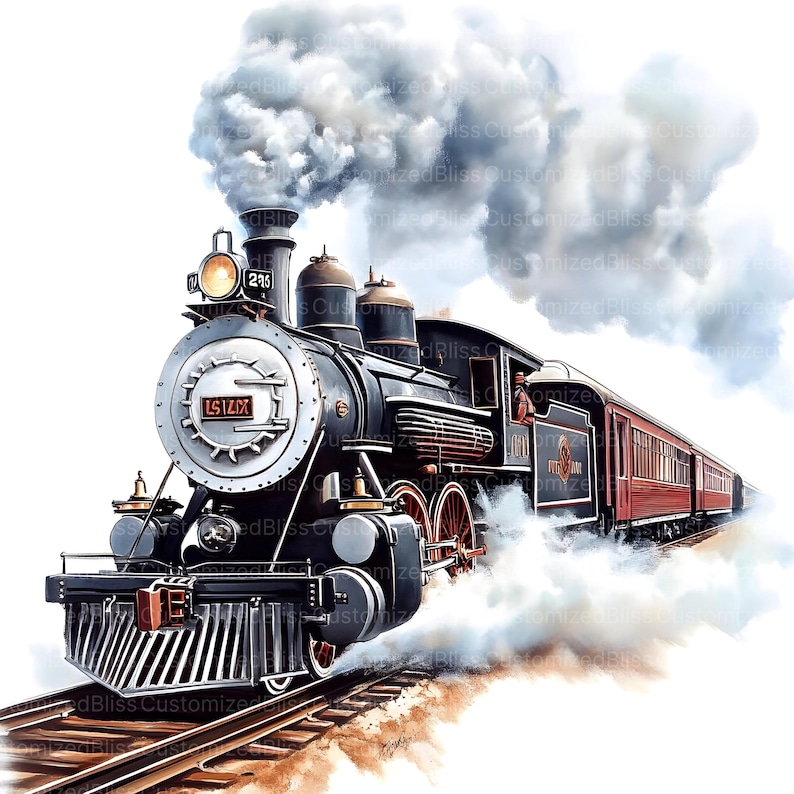 May include: A vintage steam locomotive train with a red and black color scheme, pulling a string of passenger cars. The train is moving forward, with smoke billowing from the engine. The train is on a set of tracks, with a brown dirt background.