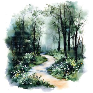 May include: A watercolor painting of a winding path through a misty forest. The path is lined with lush green foliage and wildflowers. The trees are tall and slender, with their branches reaching up towards the sky.