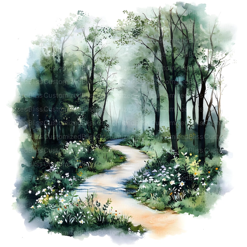 May include: A watercolor painting of a winding path through a misty forest. The path is lined with lush green foliage and wildflowers. The trees are tall and slender, with their branches reaching up towards the sky.
