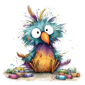Op de afbeelding: Een illustratie van een pluizige, kleurrijke vogel met grote witte ogen en een oranje snavel, omringd door verspreide kleurpotloden. De vogel heeft warrige blauwgroene, paarse en gele veren met verfspatten en oranje poten.