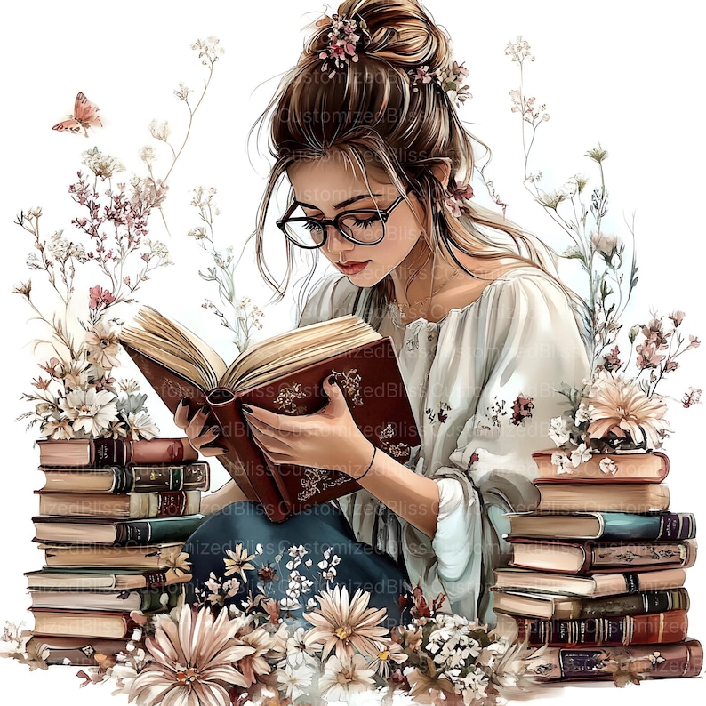 May include: An illustration of a person reading a book, surrounded by stacks of books and floral arrangements. The person wears glasses and a white top. The book has a brown cover with gold accents. Flowers and a butterfly are also present.