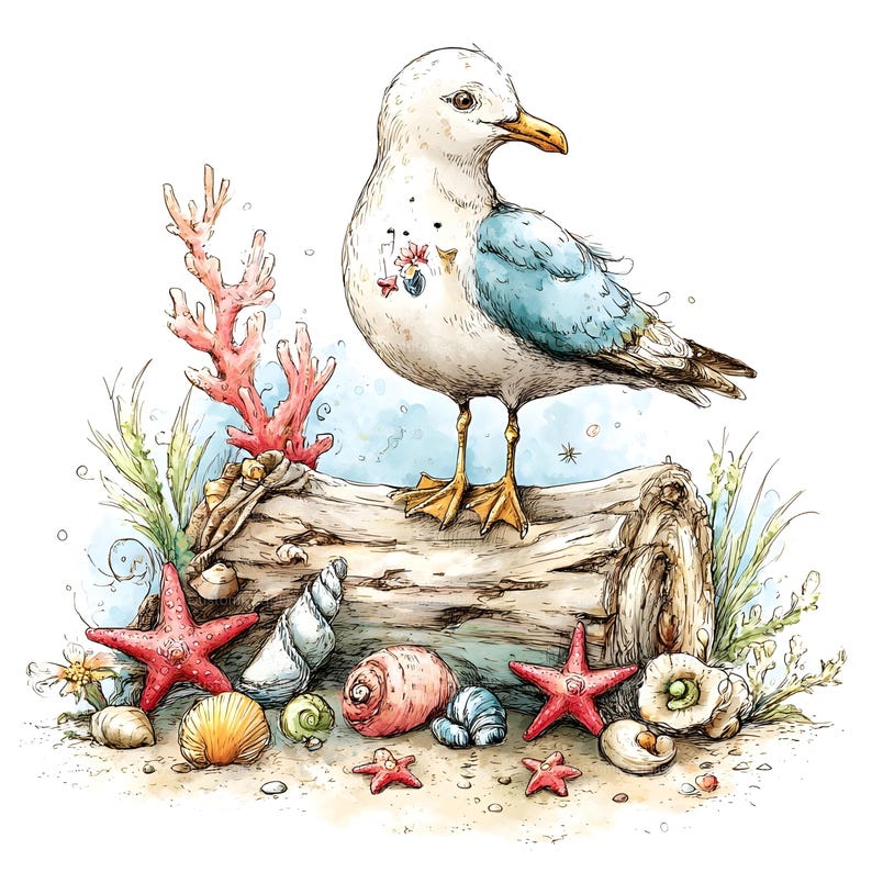 May include: A watercolour illustration of a seagull standing on driftwood, with seashells, starfish, and coral. The seagull has white feathers, blue wings, and a yellow beak and feet. The artwork has a seaside theme.