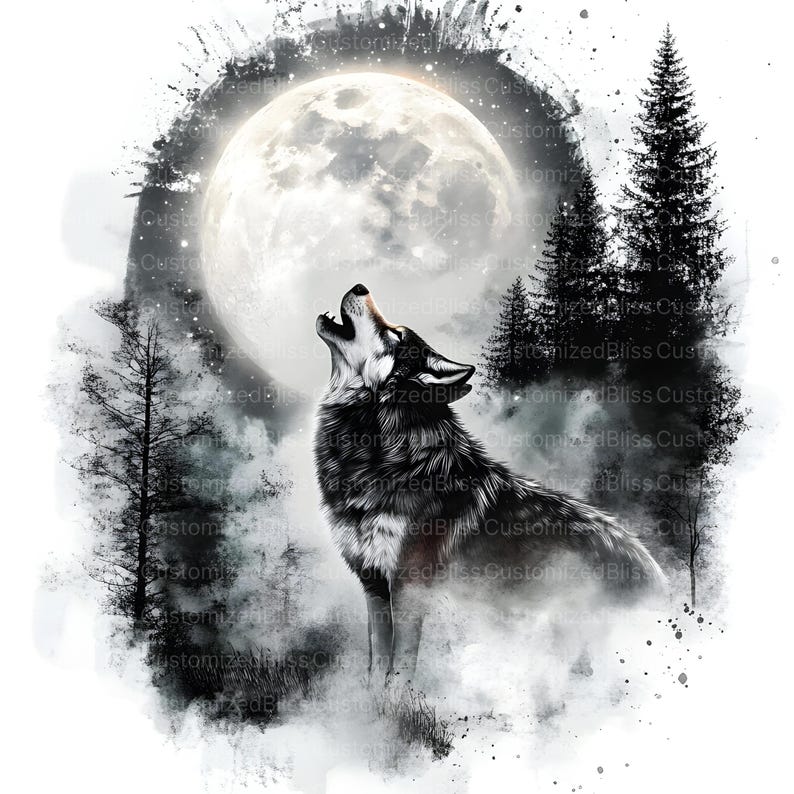 May include: A black and white wolf howling at the moon in a misty forest setting. The moon is full and bright, and the wolf's fur is detailed with black and white markings.
