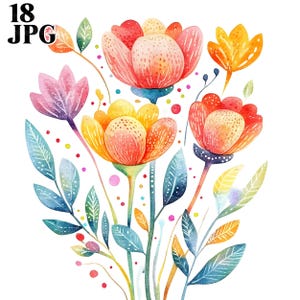 18 Abstract Colorful Flowers Clipart, Folk Art Flowers, High Quality JPGs, Watercolor Clipart, Junk Journal, Digital Download, Paper Craft