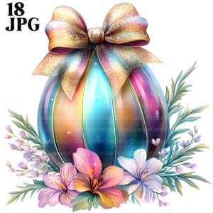 Op de afbeelding: Een kleurrijk, iriserend paasei met een gouden strik en bloemmotieven. Het ei is versierd met blauwe, roze, paarse en gele strepen.