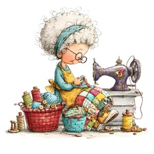 May include: A watercolour illustration of an elderly person with curly white hair wearing a blue shirt and yellow apron, sewing a patchwork quilt next to a purple sewing machine, with baskets of colourful thread spools and buttons nearby.